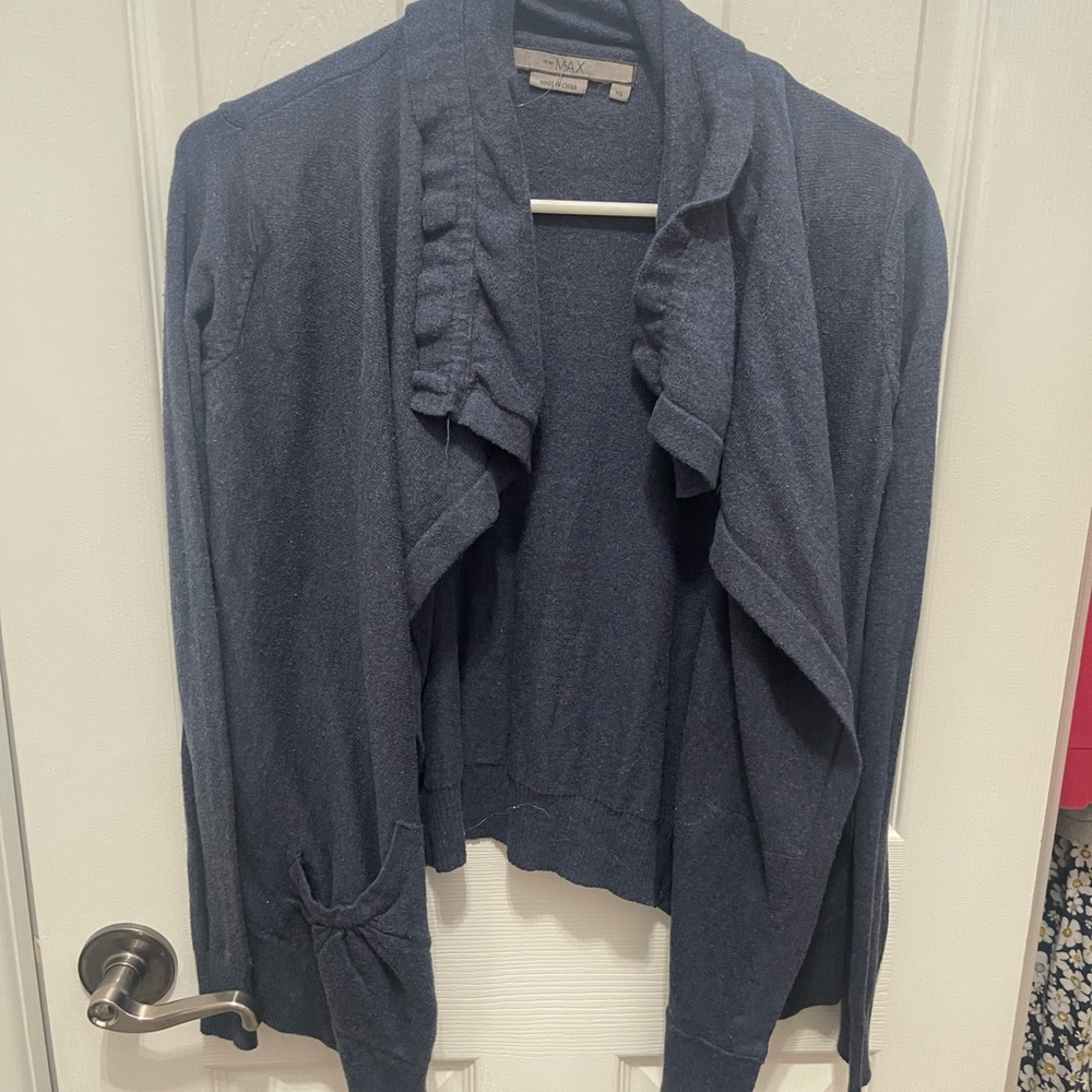 To the Max Blue Cropped Cardigan with Waterfall Collar